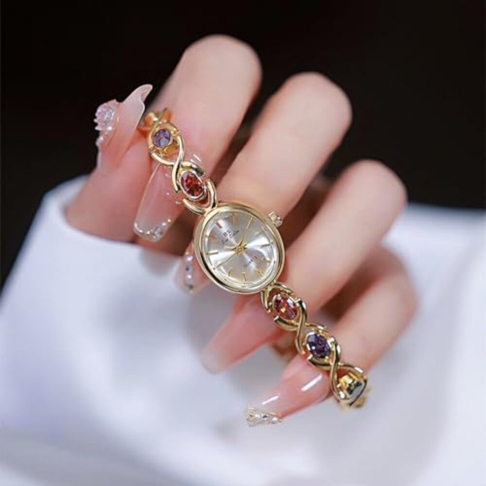 Luxury Vintage Style Gold Watches for Women with Jade Colorful Crystal Small